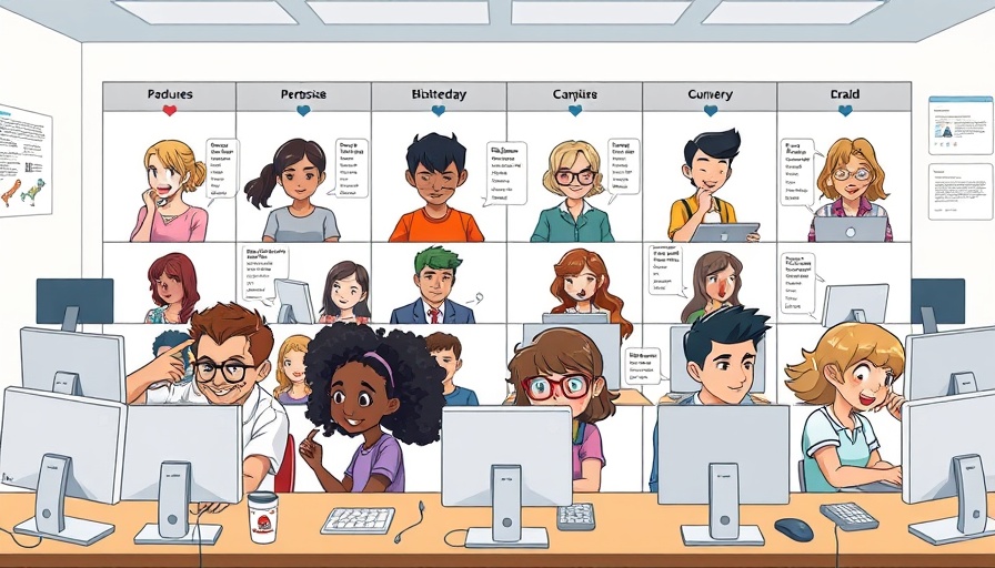 Personality types grid with individuals at computers, AI approach for human decision-making.