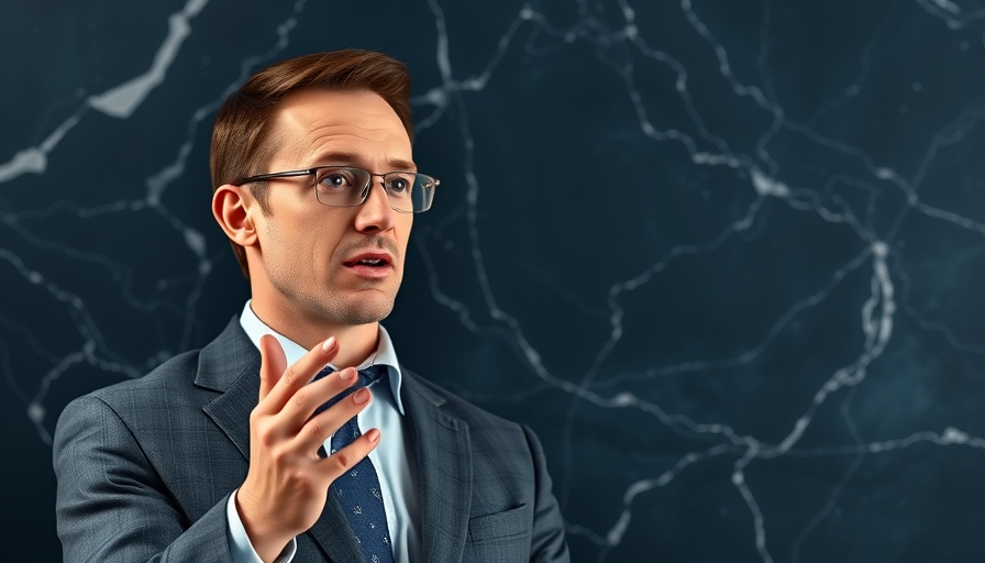 Businessman speaking at an event in cool blue lighting.