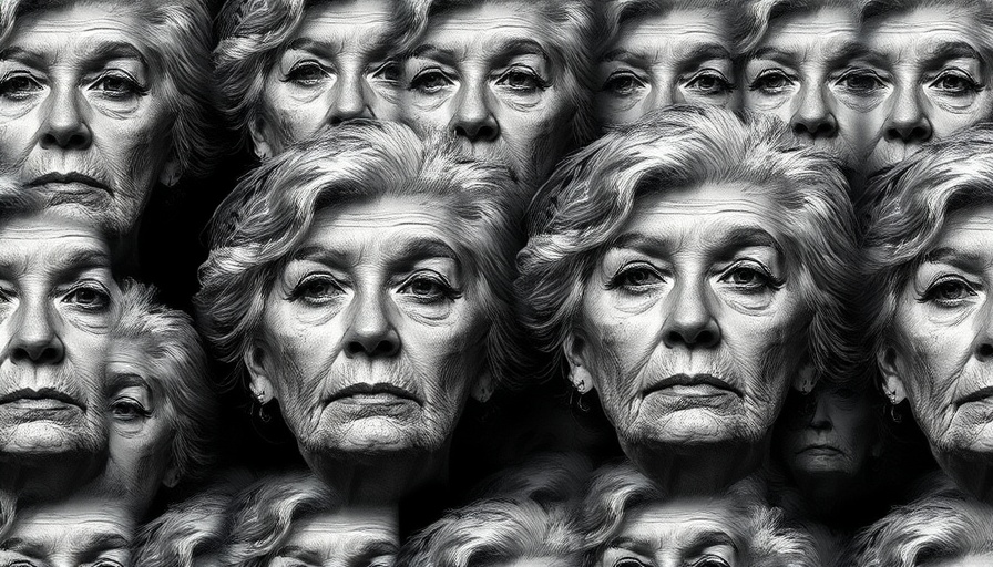 Repetitive older woman's faces in monochrome pattern, deepfake concept.