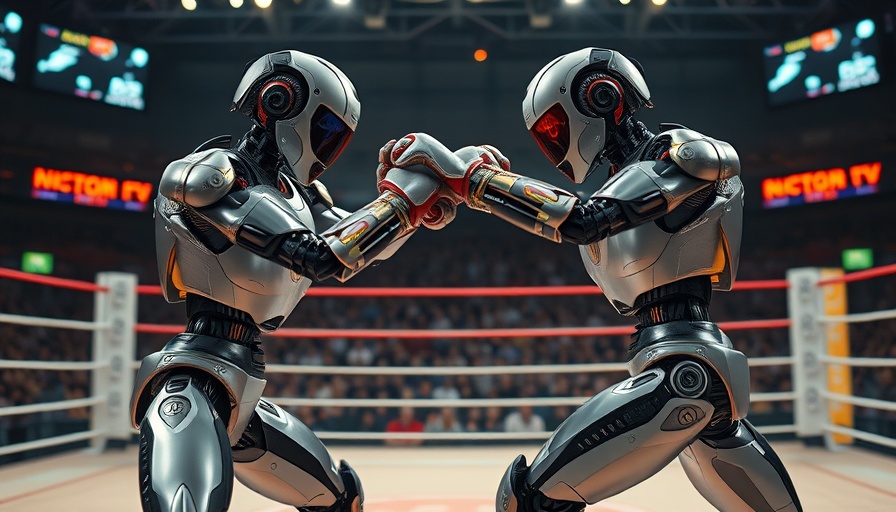 Futuristic humanoid robots kickboxing in a ring, dramatic lighting.