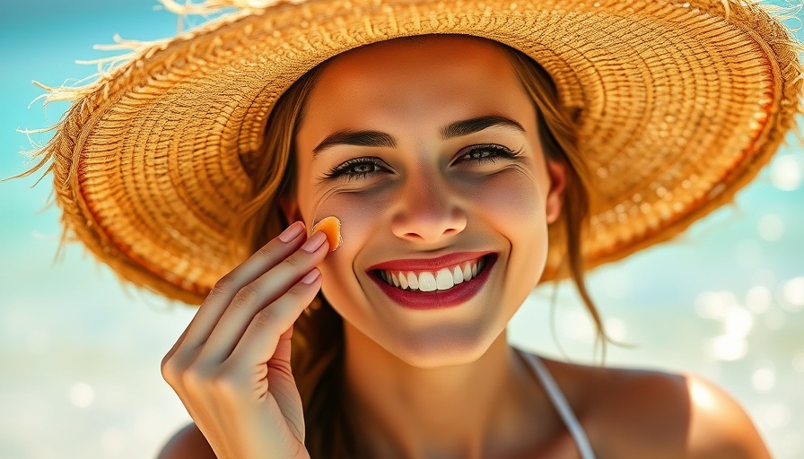 Young woman smiling by the sea, applying best tinted sunscreen in India.