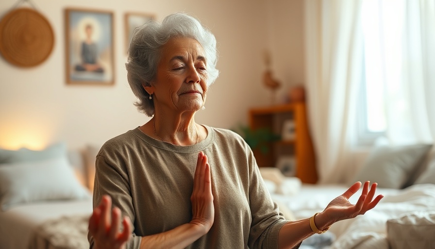 Older woman practicing yoga in serene bedroom setting.
