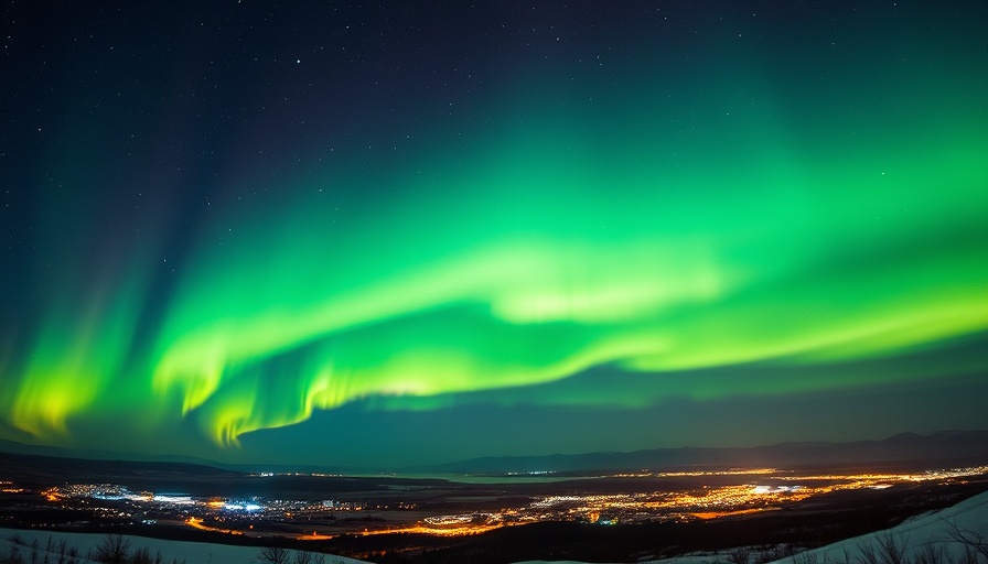 Northern lights visibility after solar storms casting green glow above town.