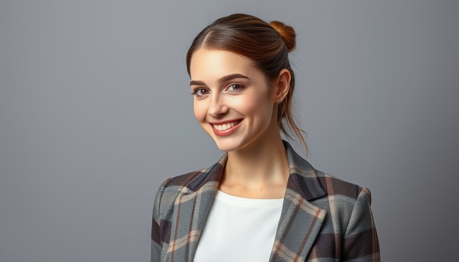 Professional woman in plaid jacket, smiling, AI strategies personal privacy.