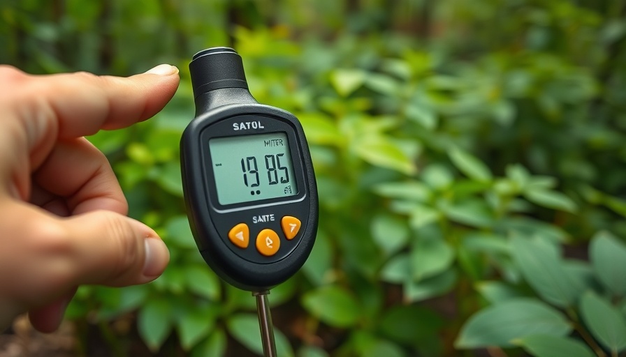 Soil moisture meter measuring forest soil amidst green foliage