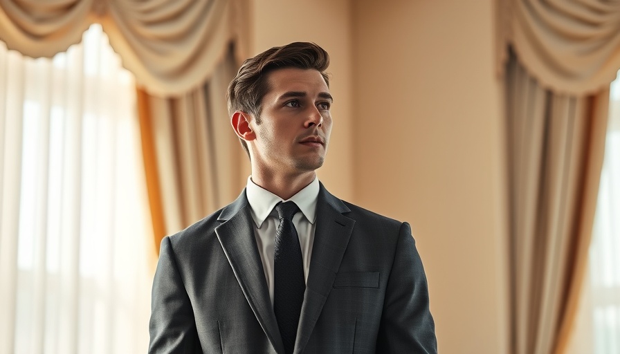 Confident man in suit, reflective, elegant interior setting.