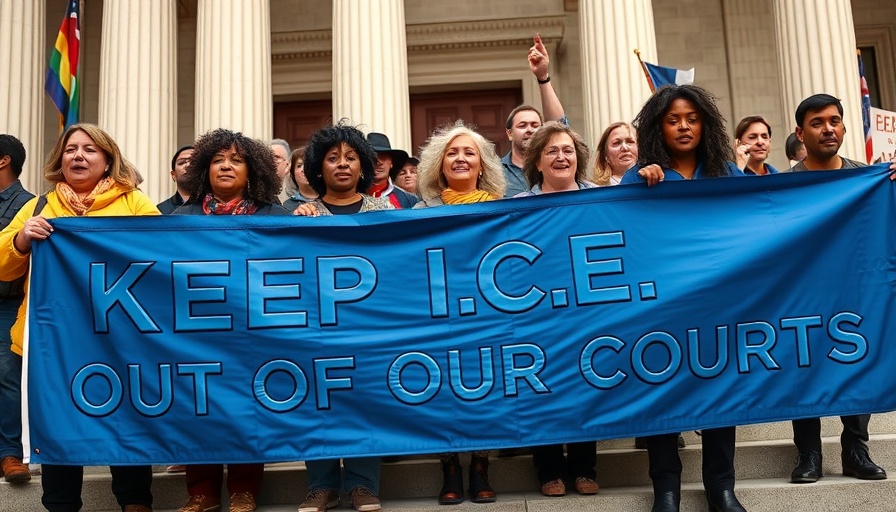 Protesters with blue banner at courthouse, ICE policy change.