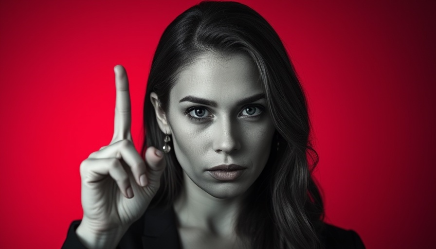Monochrome portrait of woman gesturing with serious expression.