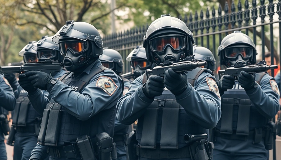 Law enforcement with nonlethal weapons at protests, tactical gear and gas masks.