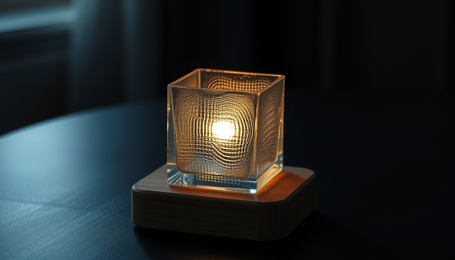 Textured glass cube light with remote on dark surface, Jiawen Galaxy Projector Light.