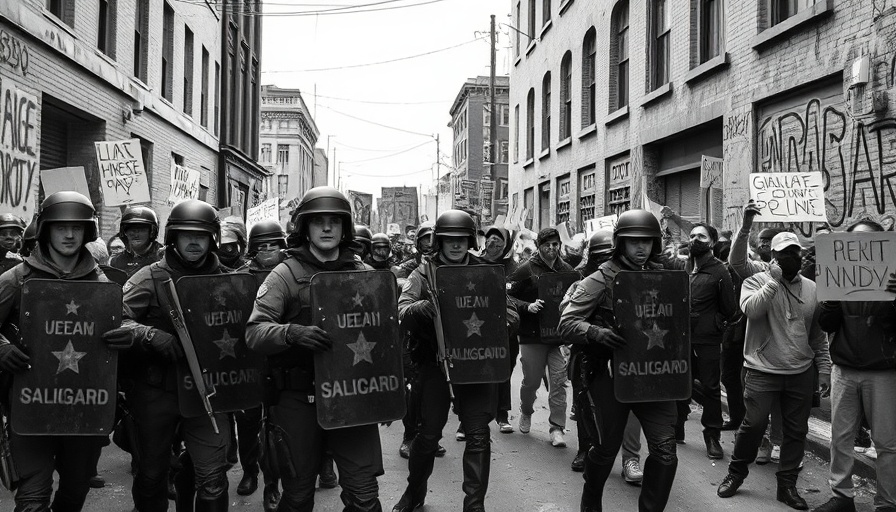 Protest scene with National Guard and signs about safety and surveillance.