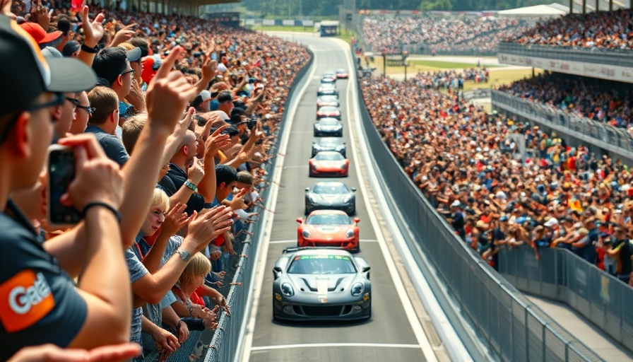 Excited crowd capturing race cars speeding by, showcasing haptic technology in consumer entertainment.