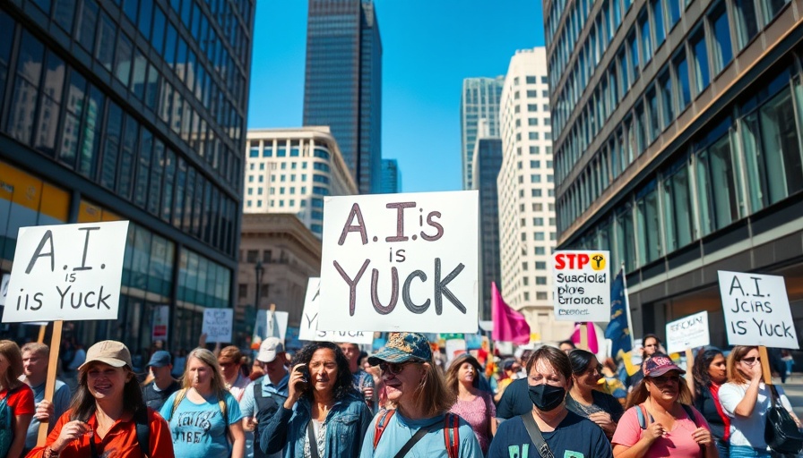Protesters against AI in Hollywood with striking signs