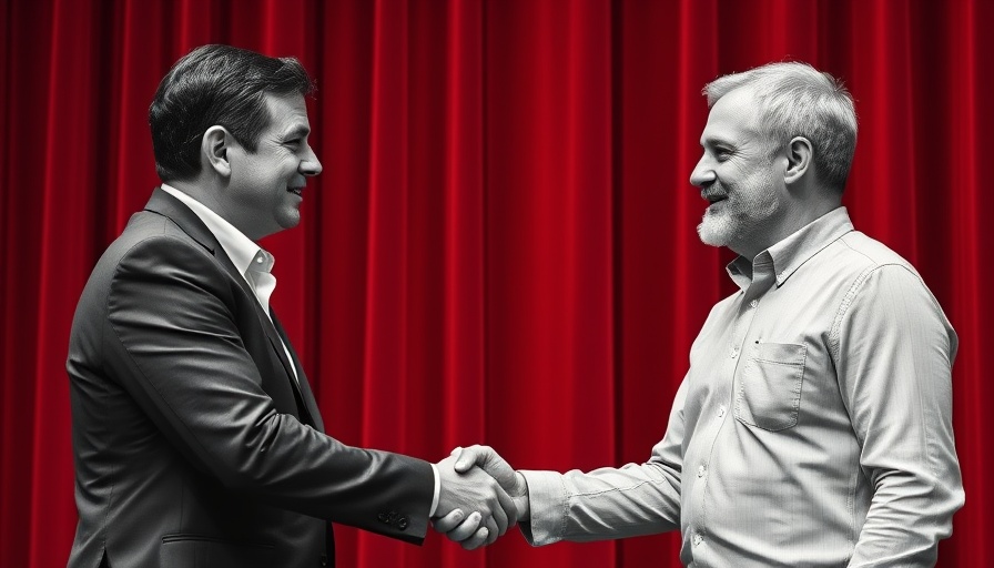 Two men shaking hands against a red curtain background, privacy and Medicare data transfer theme.
