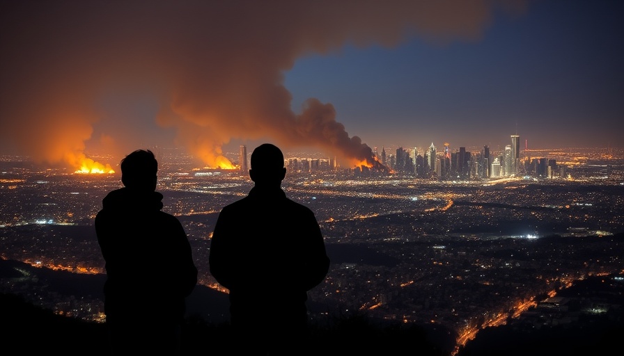 Smoke over city skyline seen by observers, illustrating power balance.