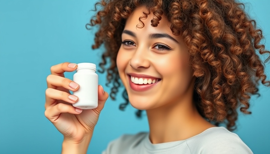 Smiling woman with curly hair taking prenatal vitamins for hair growth.