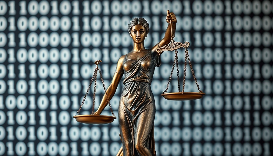 Lady Justice statue with binary code background, consumer technology theme.