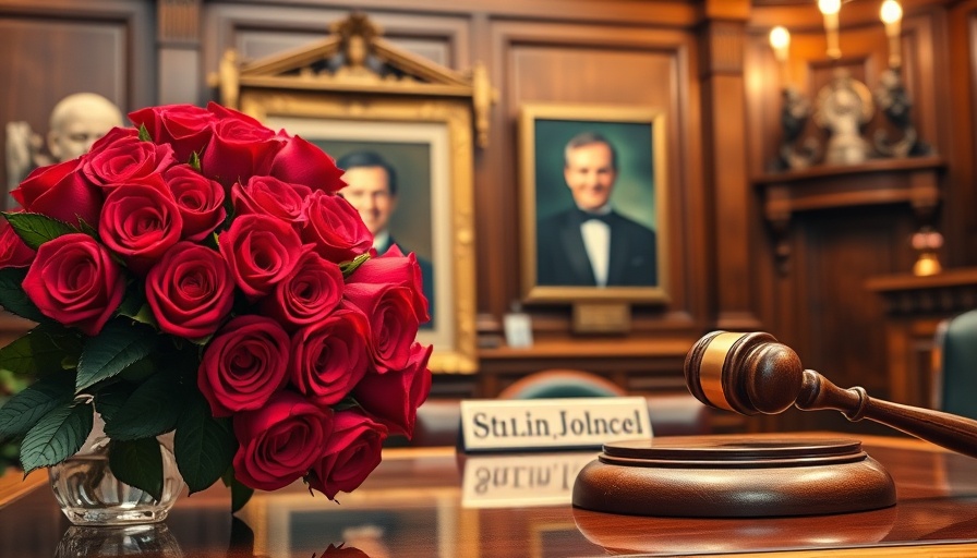 Framed portrait with roses and gavel symbolizing authority.