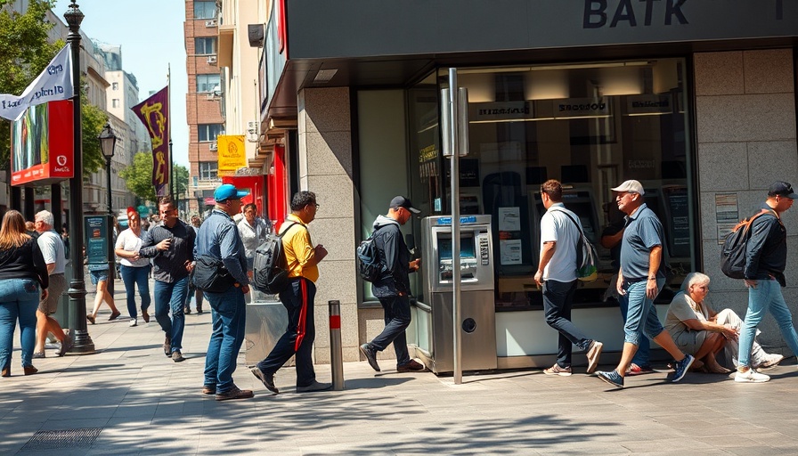 Urban scene near a bank with people using an ATM, cyber warfare Predatory Sparrow.