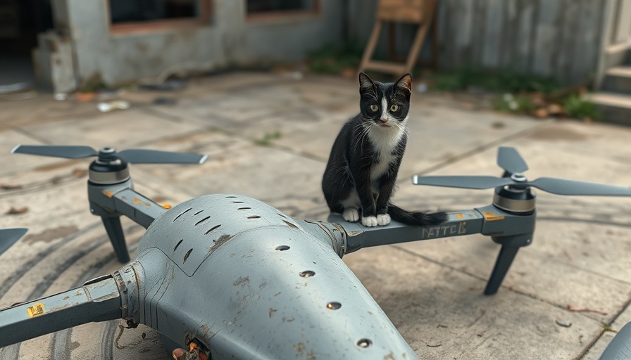 Cat on damaged drone, exploring technology remnants.