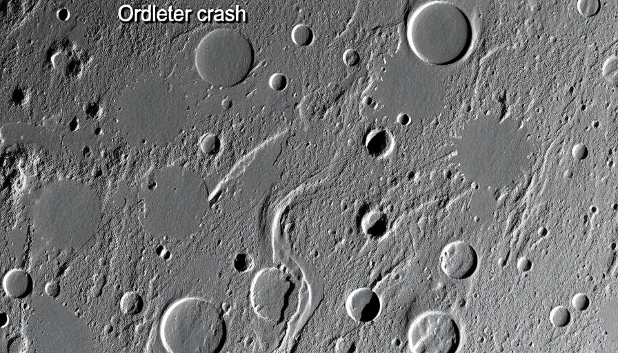 Surface of the Moon with craters and an arrow marking a crash site.
