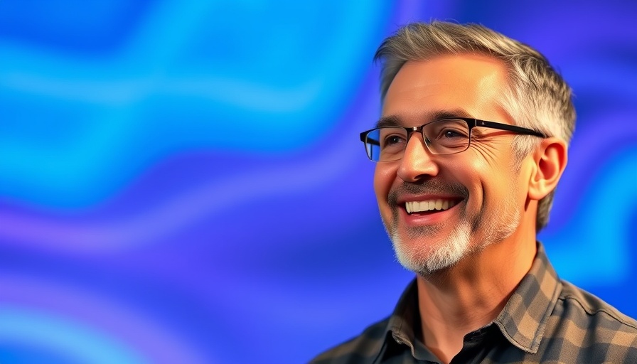 Middle-aged man at tech event discussing iPhone 17 Pro release.