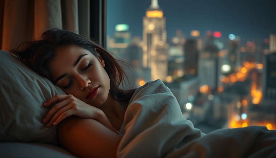 Young woman sleeping with city lights in the background.