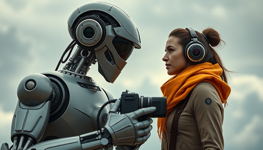 Futuristic robot and woman collaborating with vintage camera, AI platforms for cinematic productions.