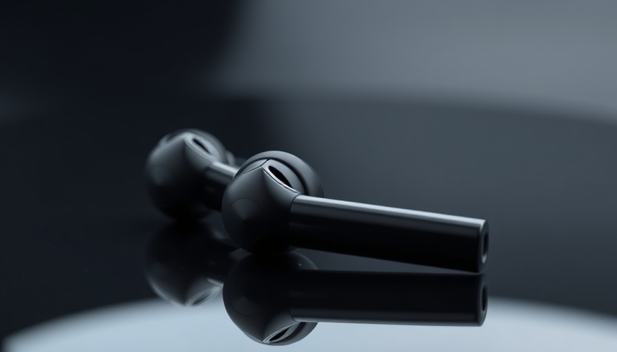 Sleek futuristic earbuds on glossy surface, Hearing Protection Wellness Trend.