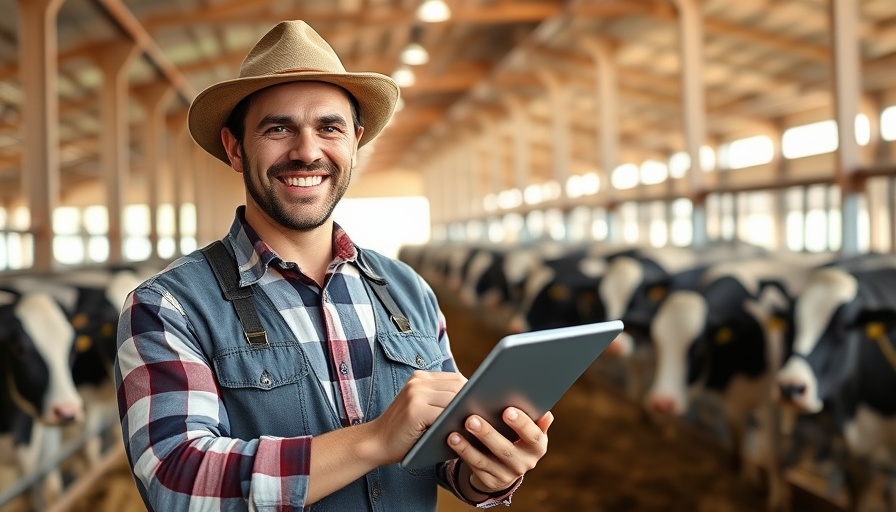 Farmer using AI-powered tools in dairy farming with cows in a barn.