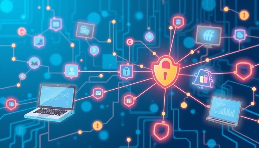 Abstract illustration of online security with network devices and data flow.