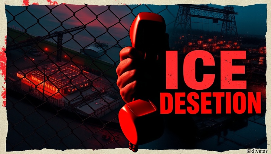 Dramatic ICE detention center collage with phone and text.