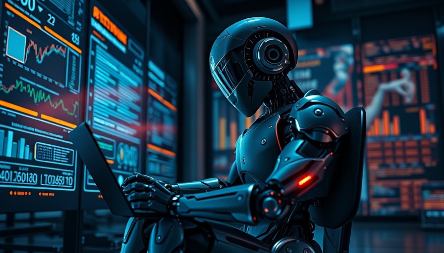 Futuristic robot analyzing data in a high-tech environment.