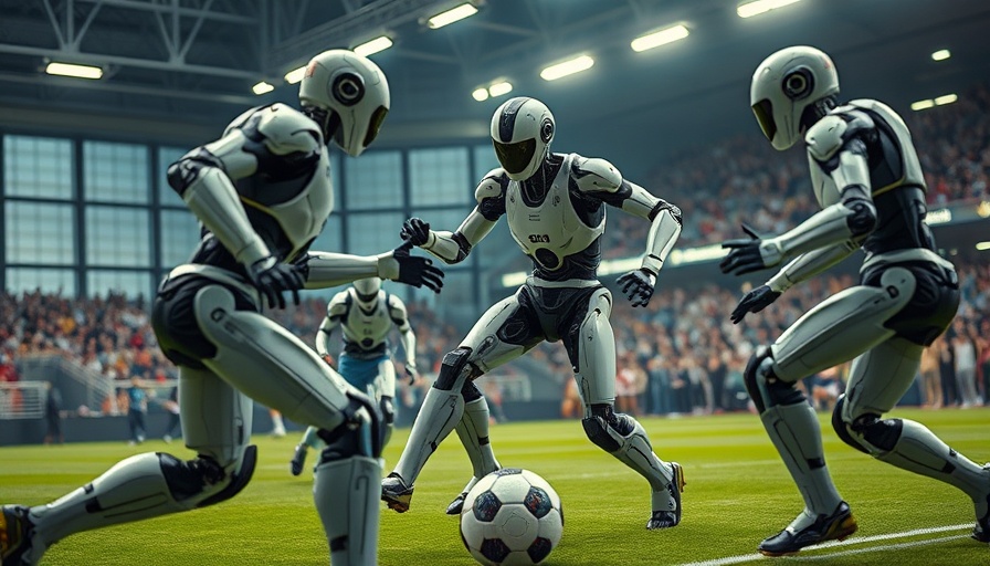 Humanoid robots in soccer match showing advanced gameplay under bright stadium lights.