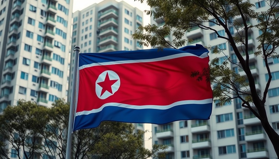 North Korean flag in urban setting, relating to IT worker scams.