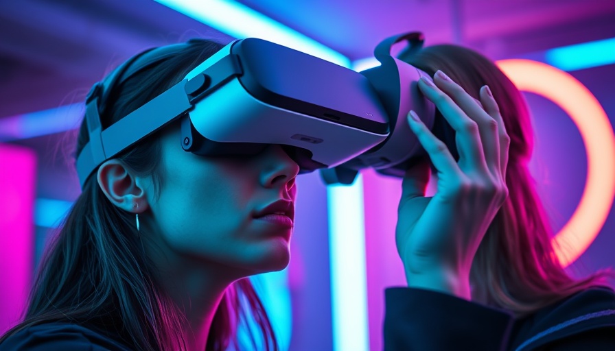 Young woman inspects VR headset under neon lights, consumer technology.