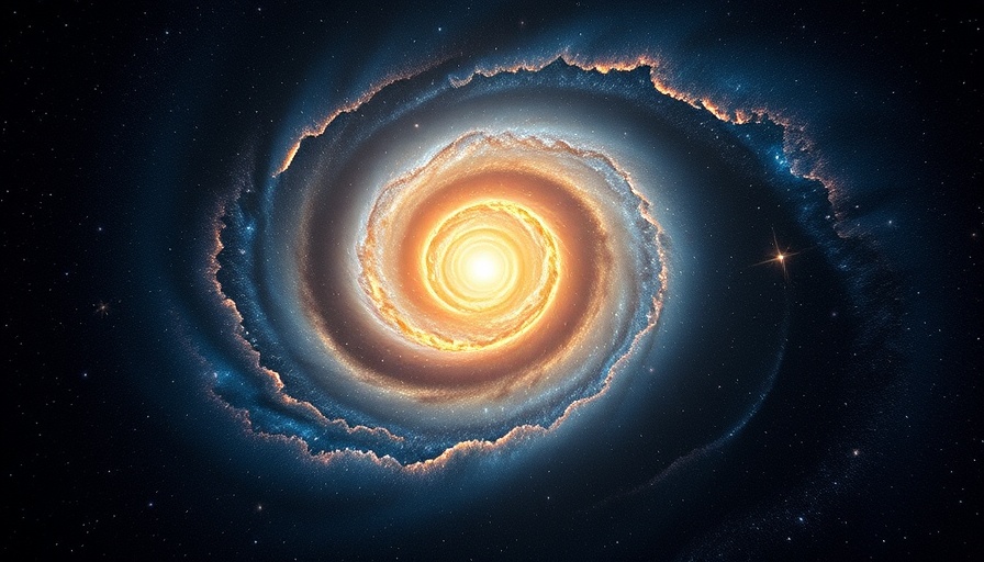Luminous active galactic center with swirling spiral galaxy.
