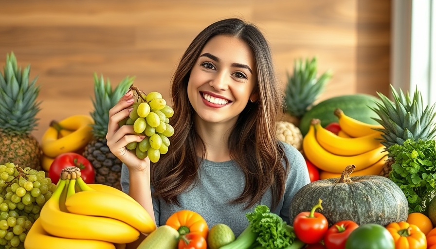 Woman with grapes surrounded by high sugar fruits to avoid.