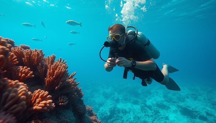 Diver studying coral formations underwater, highlighting coral biology.