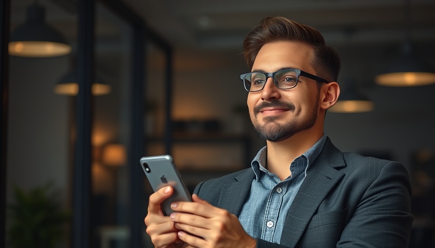 Confident person in modern office holding smartphone with 'blis' logo.