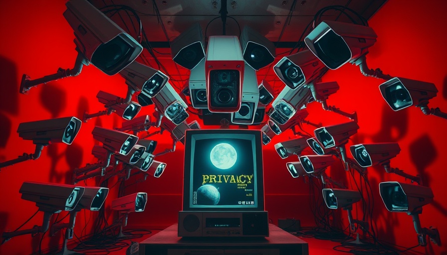 Surveillance cameras targeting vintage computer, privacy and cybersecurity concept.