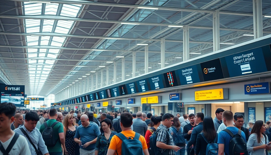 Busy airport terminal with passengers waiting, showcasing flight connection technology.
