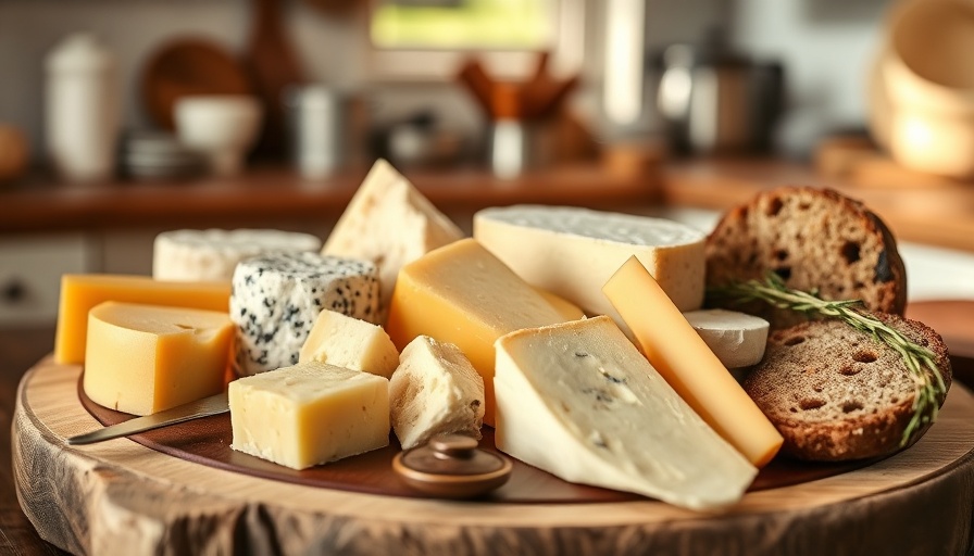 Assorted cheeses and breads in a rustic setting, warm lighting.