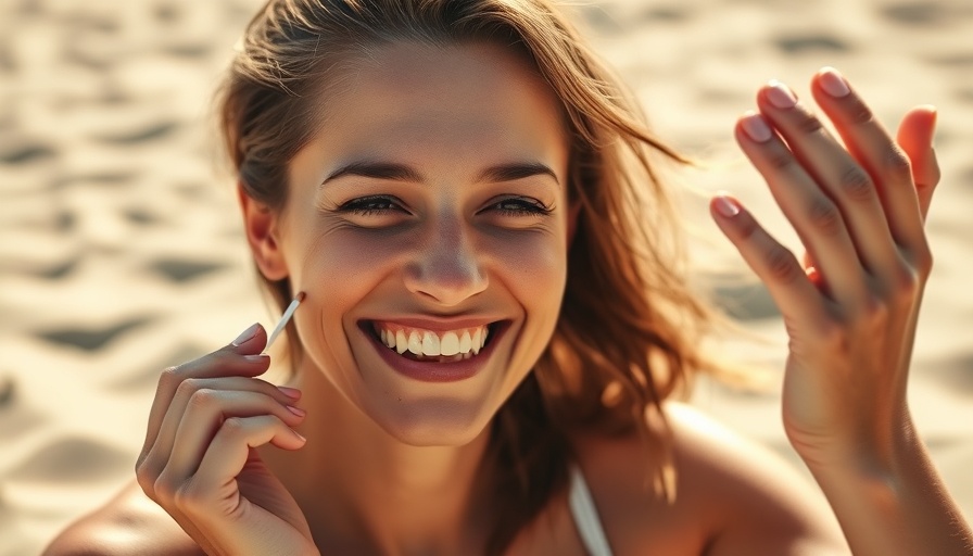 Woman applying water-resistant sunscreen on a sunny beach day.