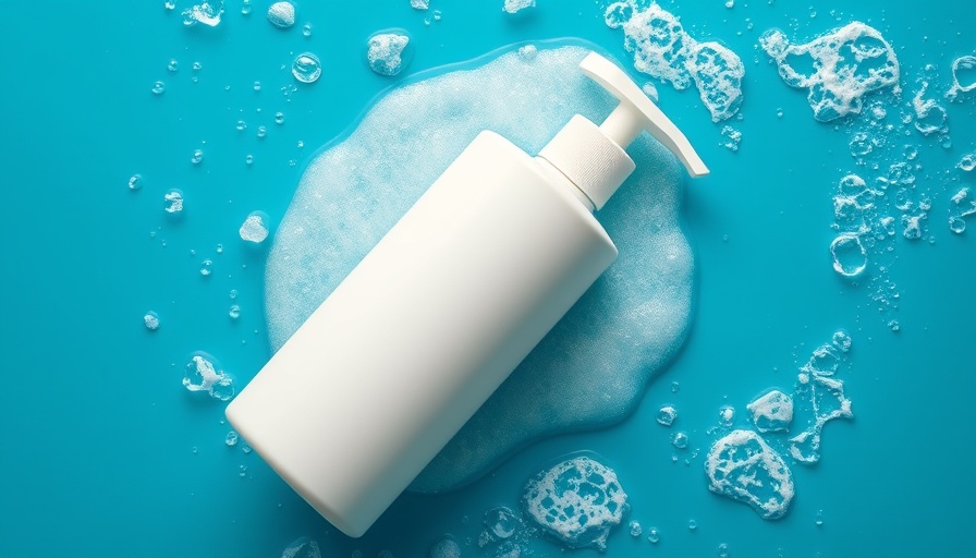 Stylish body wash bottle among bubbles on blue background