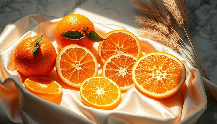 Vibrant tangerines and oranges, high-fibre foods for constipation relief, on silk.