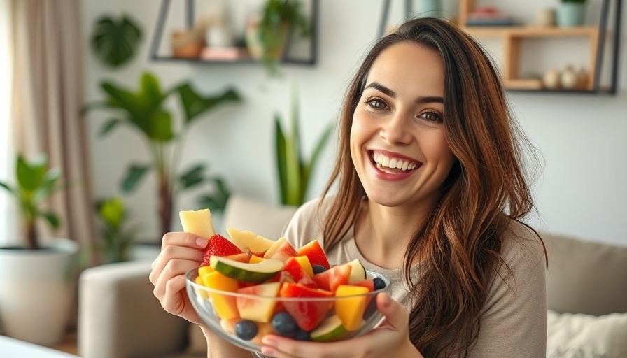 Cheerful woman eating fruit salad for menstrual cycle health.