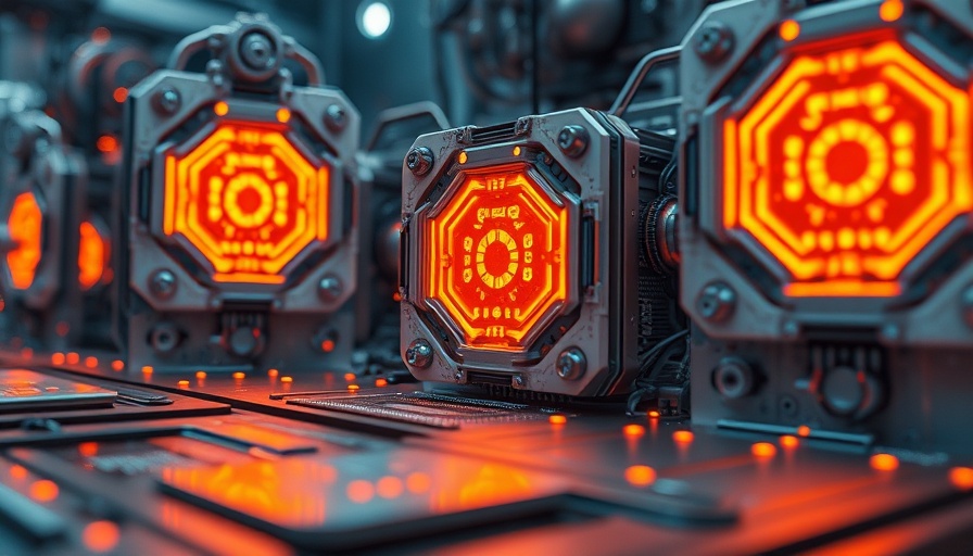 Futuristic quantum computing processors glowing with energy, high-tech setting.