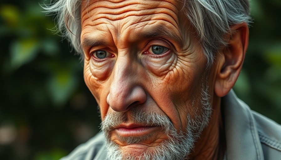 Elderly man with contemplative look amid blurred greenery.