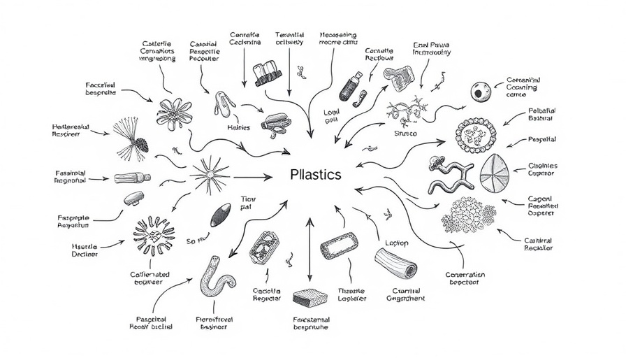 Scientific diagram of bacterial breakdown of plastics process.